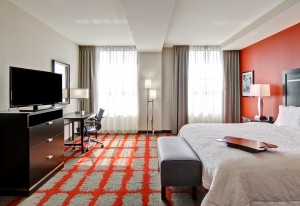 Guest room at the Hampton Inn & Suites Cincinnati Downtown hotel. 