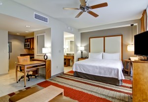 Guest room at the Homewood Suites Cincinnati Downtown hotel.
